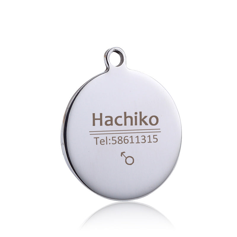 Round stainless steel engraved pet ID tag with custom details – Portable Panda.