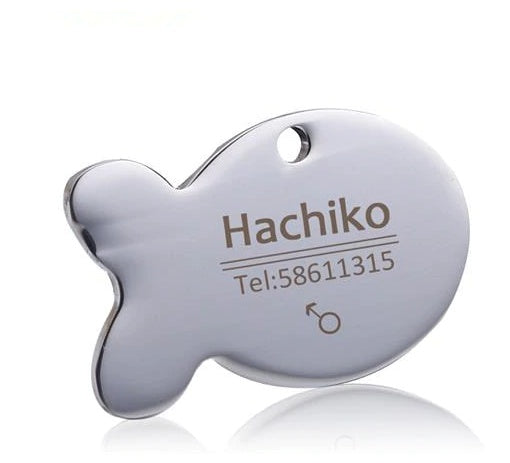 Fish stainless steel engraved pet ID tag with custom details – Portable Panda.