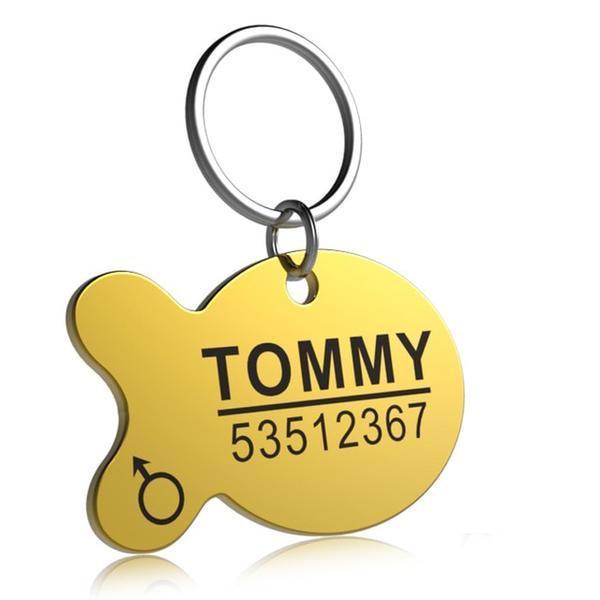 Fish shaped stainless steel engraved pet ID tag with custom details – Portable Panda.