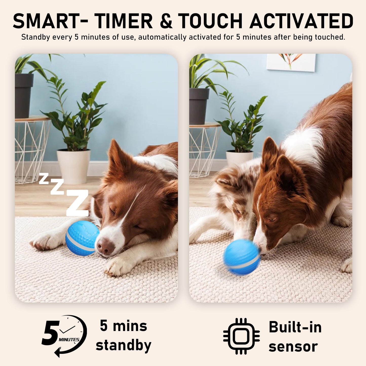 Happy dog playing with motion-activated interactive ball toy