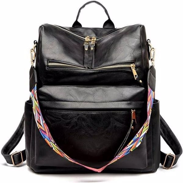 Portable Panda Black Backpack Purse – Waterproof PU Leather Shoulder Bag Front View