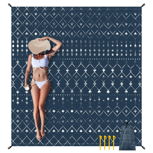 Beach Blanket Waterproof Sand Proof Large -Navy Geometry